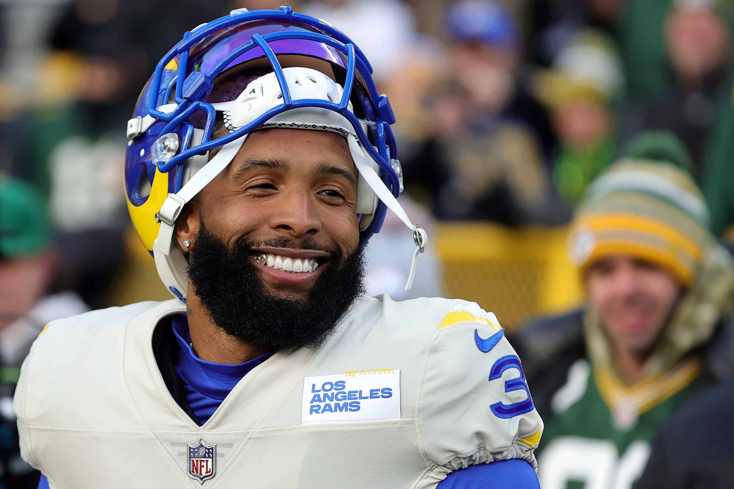 Odell Beckham Jr. #3 of the Los Angeles Rams participates in warmups prior to a game against the Green Bay Packers at Lambeau Field on November 28, 2021 in Green Bay, Wisconsin. The Packers defeated the Rams 36-28. 