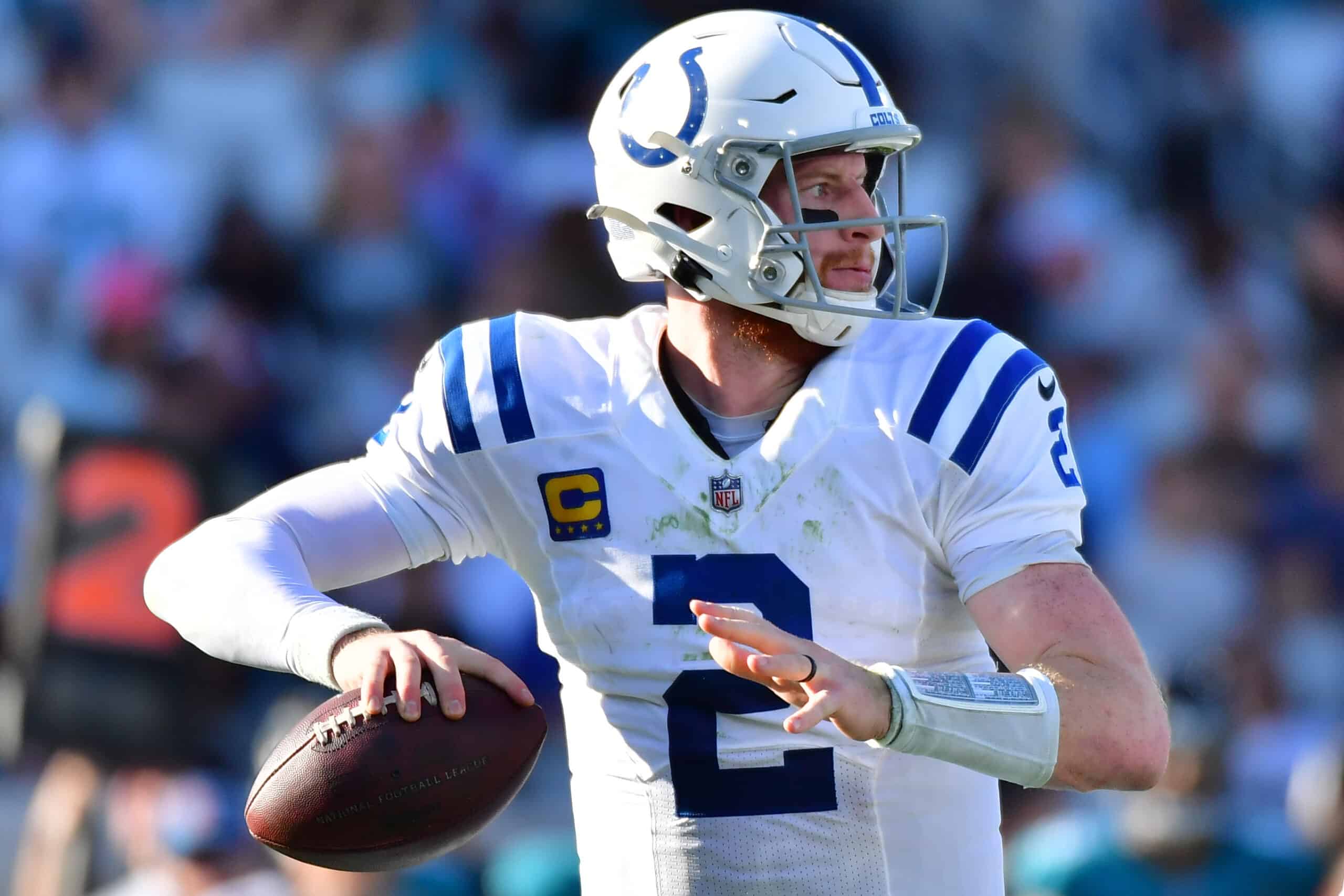 Carson Wentz #2 of the Indianapolis Colts looks to pass during the fourth quarter in the game against the Jacksonville Jaguars at TIAA Bank Field on January 09, 2022 in Jacksonville, Florida.