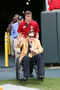 Former Green Bay Packers player and head coach Forrest Gregg is introduced during alumnus ceremony during Green Bay Packers 34-27 victory over the Detroit Lions at Lambeau Field in Green Bay, WI.