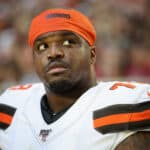 Offensive tackle Greg Robinson #78 of the Cleveland Browns on the bench during the second half of the NFL game against the Arizona Cardinals at State Farm Stadium on December 15, 2019 in Glendale, Arizona. The Cardinals defeated the Browns 38-24.