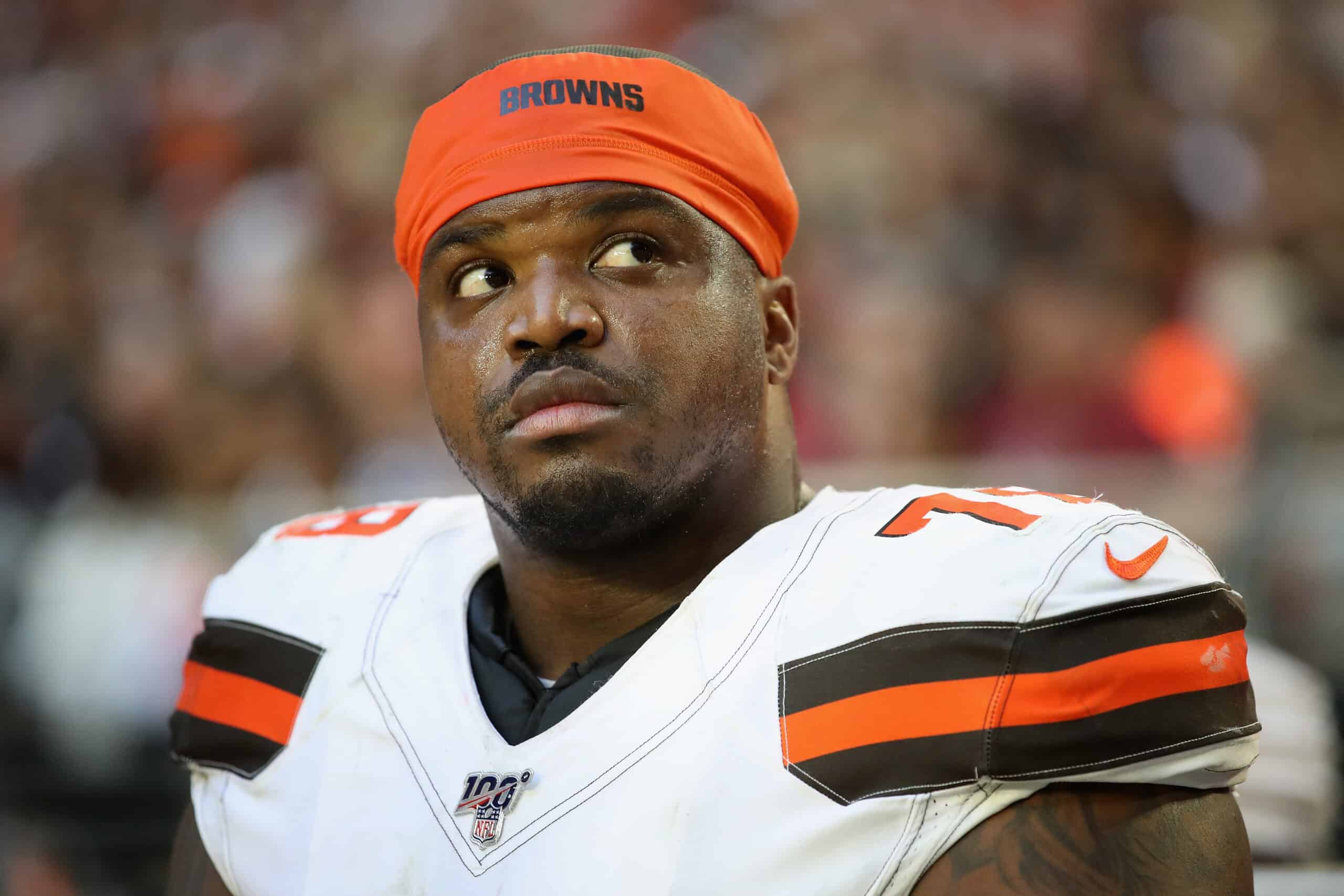 Offensive tackle Greg Robinson #78 of the Cleveland Browns on the bench during the second half of the NFL game against the Arizona Cardinals at State Farm Stadium on December 15, 2019 in Glendale, Arizona. The Cardinals defeated the Browns 38-24.