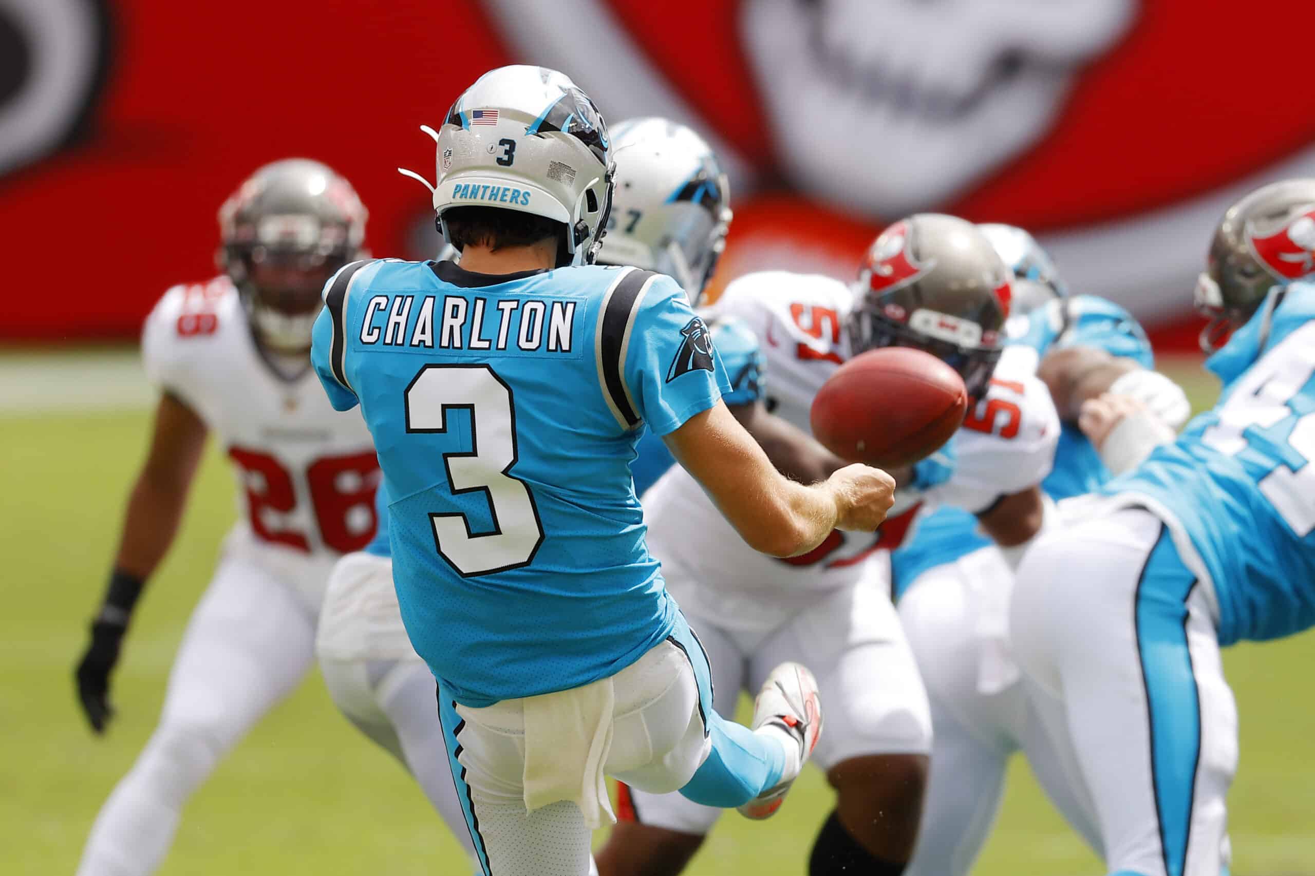 Joseph Charlton #3 of the Carolina Panthers punts during the first half against the Tampa Bay Buccaneers at Raymond James Stadium on September 20, 2020 in Tampa, Florida. 