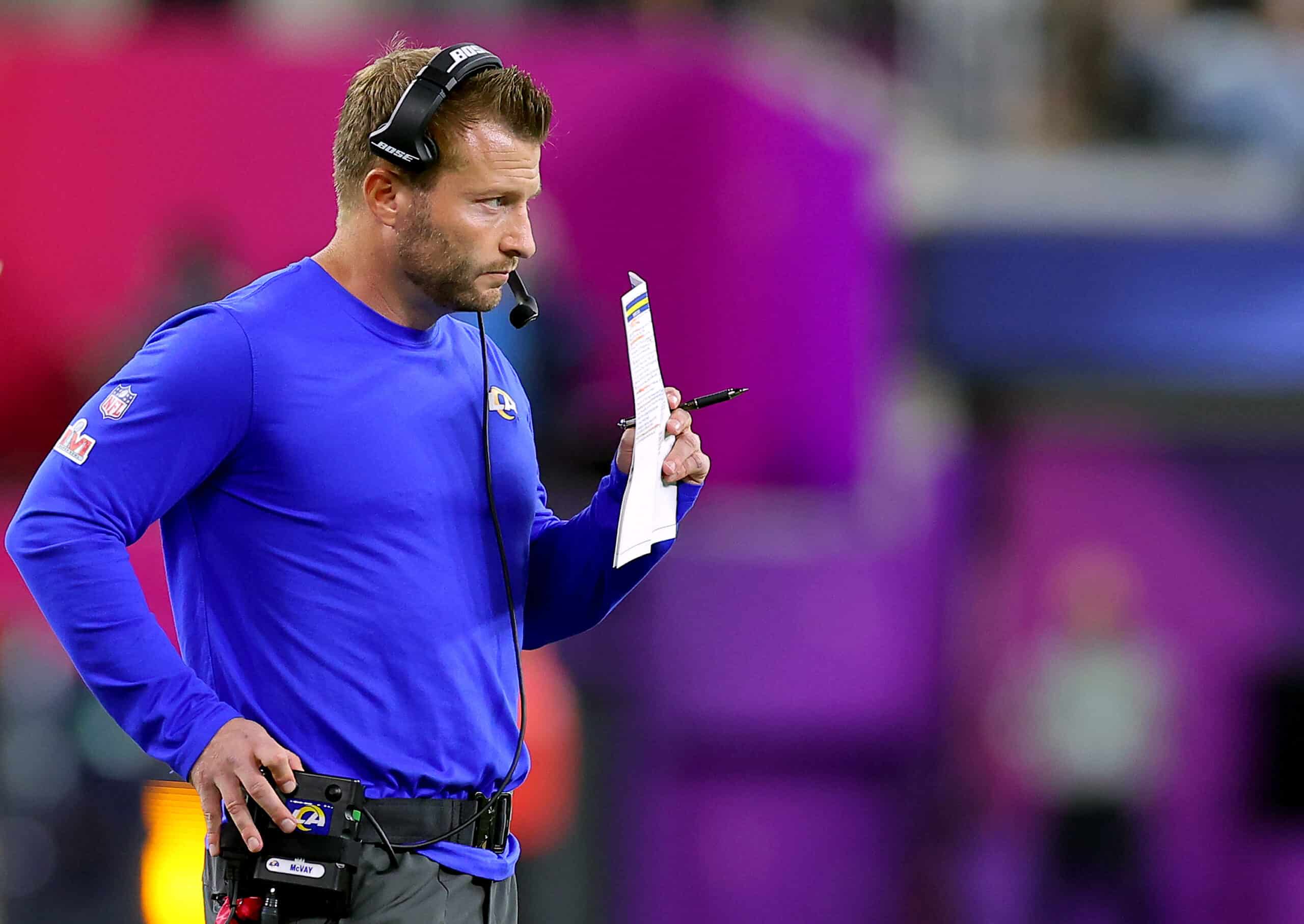 Head coach Sean McVay of the Los Angeles Rams looks on during the Super Bowl LVI against the Cincinnati Bengals at SoFi Stadium on February 13, 2022 in Inglewood, California.