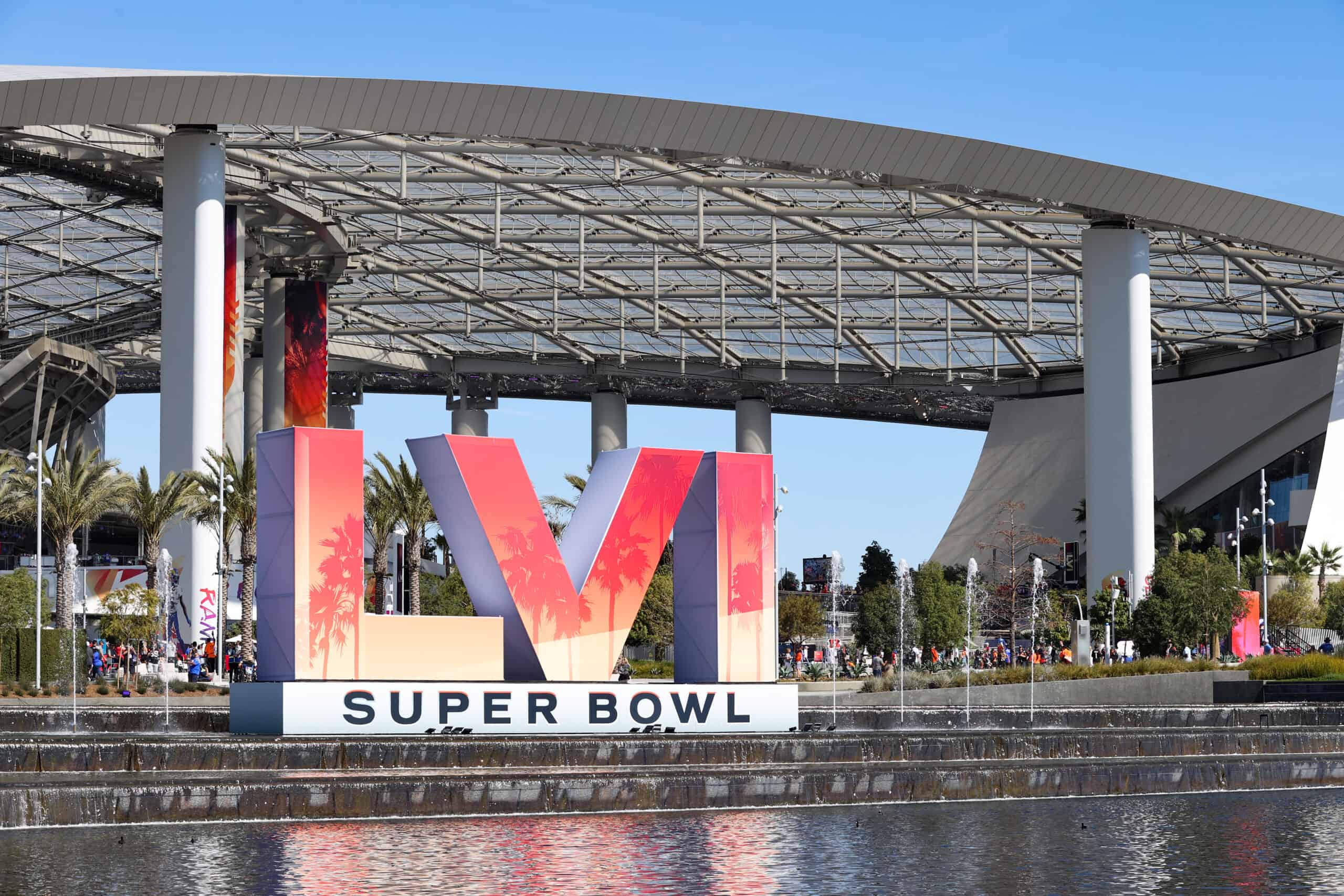 An exterior view of at SoFi Stadium during Super Bowl LVI on February 13, 2022 in Inglewood, California. The Los Angeles Rams defeated the Cincinnati Bengals 23-20.