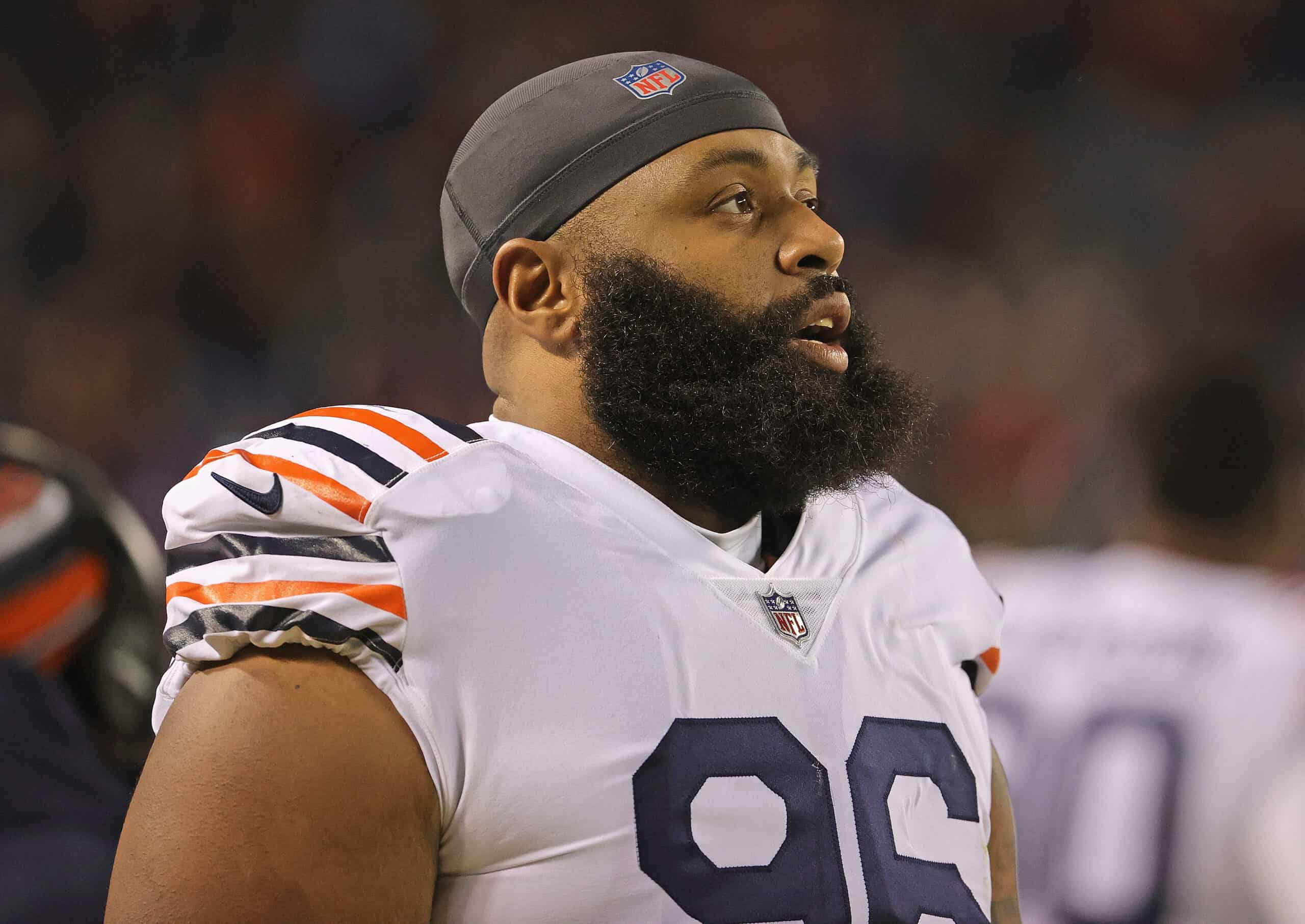 Akiem Hicks #96 of the Chicago Bears is seen on the sidelines before a game against the Minnesota Vikings at Soldier Field on December 20, 2021 in Chicago, Illinois. The Vikings defeated the Bears 17-9.