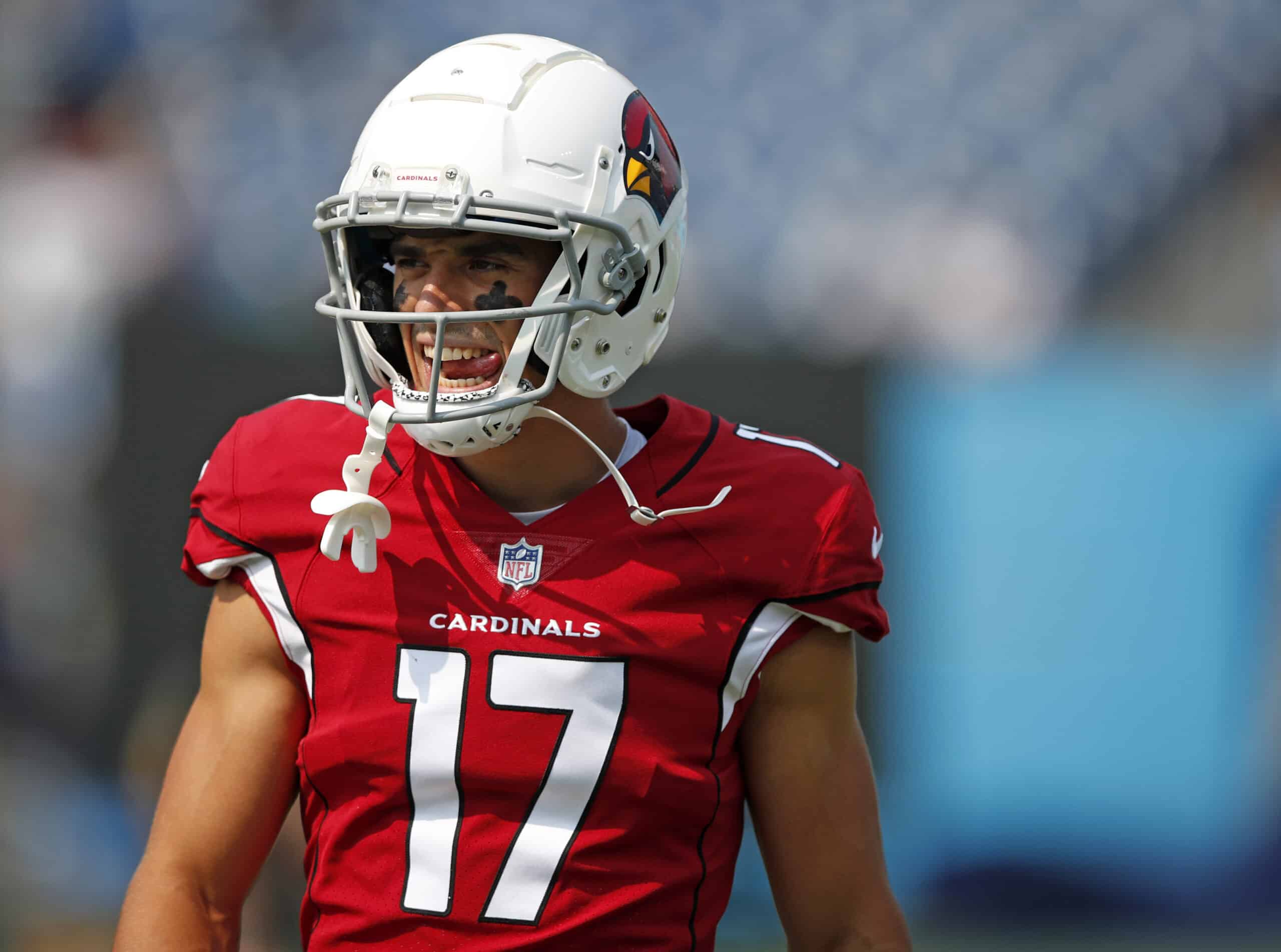 Andy Isabella #17 of the Arizona Cardinals looks on prior to the game against the Tennessee Titans at Nissan Stadium on September 12, 2021 in Nashville, Tennessee.