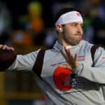 Baker Mayfield #6 of the Cleveland Browns warms up before the game against the Green Bay Packers at Lambeau Field on December 25, 2021 in Green Bay, Wisconsin.
