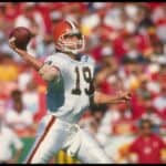 Quarterback Bernie Kosar of the Cleveland Browns passes the ball during a game against the Kansas City Chiefs at Cleveland Stadium in Cleveland, Ohio. The Chiefs won the game, 34-0.