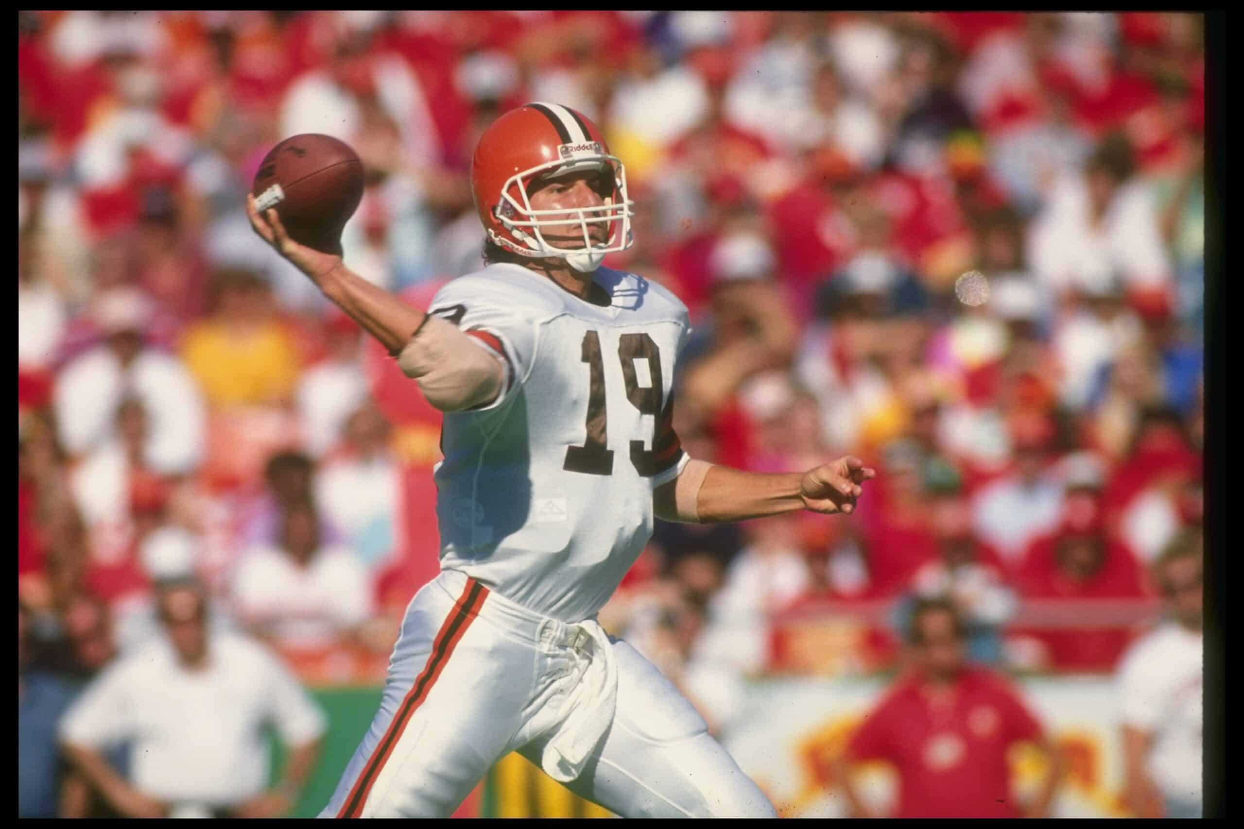 Quarterback Bernie Kosar of the Cleveland Browns passes the ball during a game against the Kansas City Chiefs at Cleveland Stadium in Cleveland, Ohio. The Chiefs won the game, 34-0.