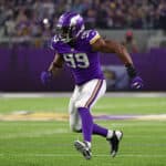Danielle Hunter #99 of the Minnesota Vikings rushes the passer during a game against the Dallas Cowboys at U.S. Bank Stadium on October 31, 2021 in Minneapolis, Minnesota.