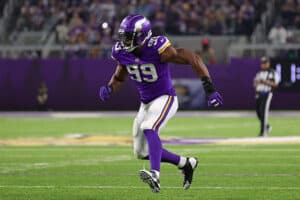 Danielle Hunter #99 of the Minnesota Vikings rushes the passer during a game against the Dallas Cowboys at U.S. Bank Stadium on October 31, 2021 in Minneapolis, Minnesota.