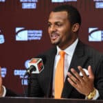 Quarterback Deshaun Watson of the Cleveland Browns speaks during a press conference at CrossCountry Mortgage Campus on March 25, 2022 in Berea, Ohio.