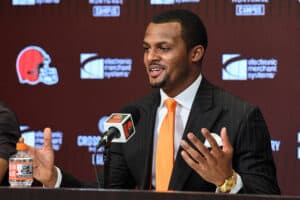 Quarterback Deshaun Watson of the Cleveland Browns speaks during a press conference at CrossCountry Mortgage Campus on March 25, 2022 in Berea, Ohio.