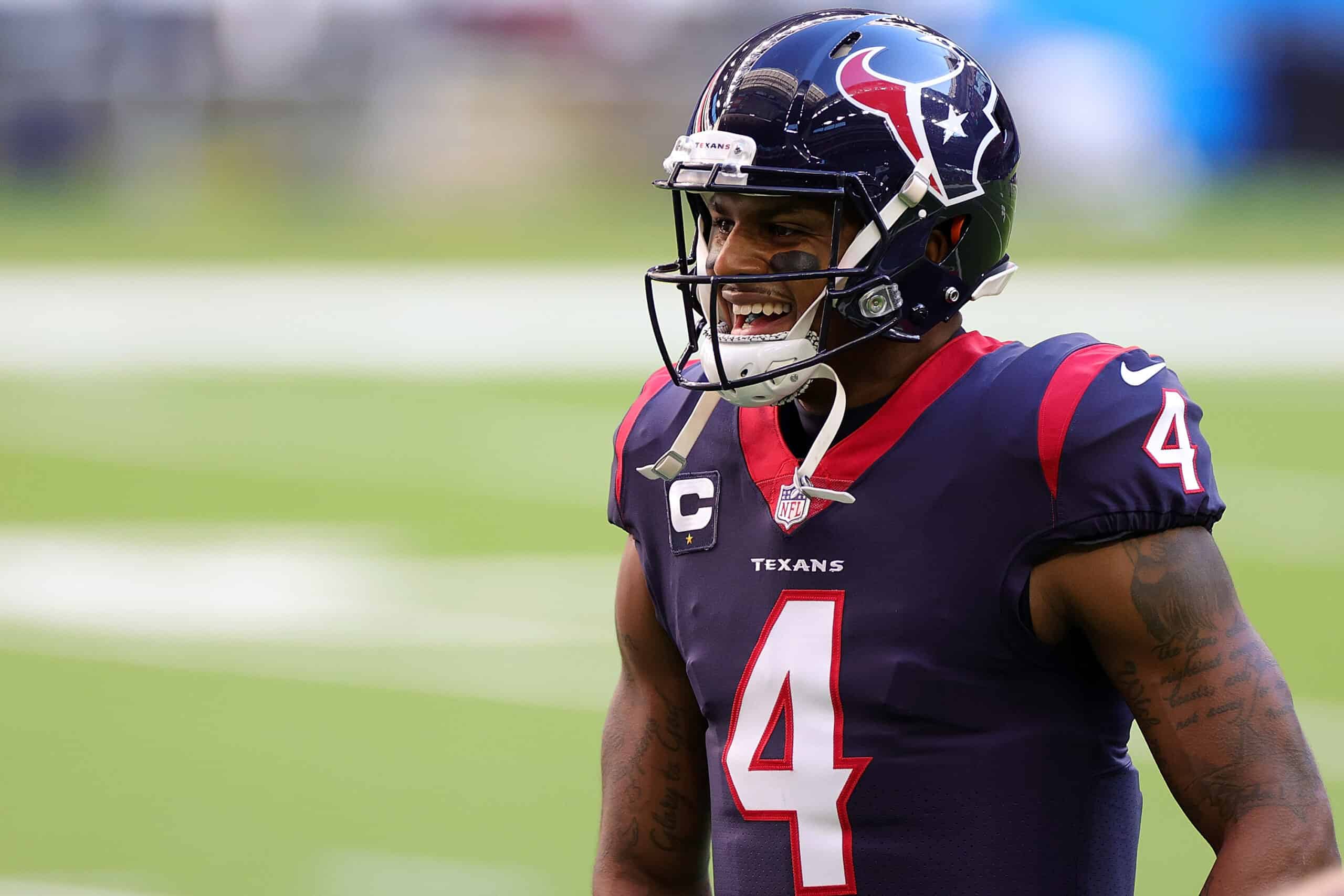 Deshaun Watson #4 of the Houston Texans participates in warmups prior to a game against the Tennessee Titans at NRG Stadium on January 03, 2021 in 