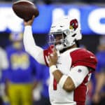 Kyler Murray #1 of the Arizona Cardinals throws the ball in the first quarter of the game against the Los Angeles Rams in the NFC Wild Card Playoff game at SoFi Stadium on January 17, 2022 in Inglewood, California.