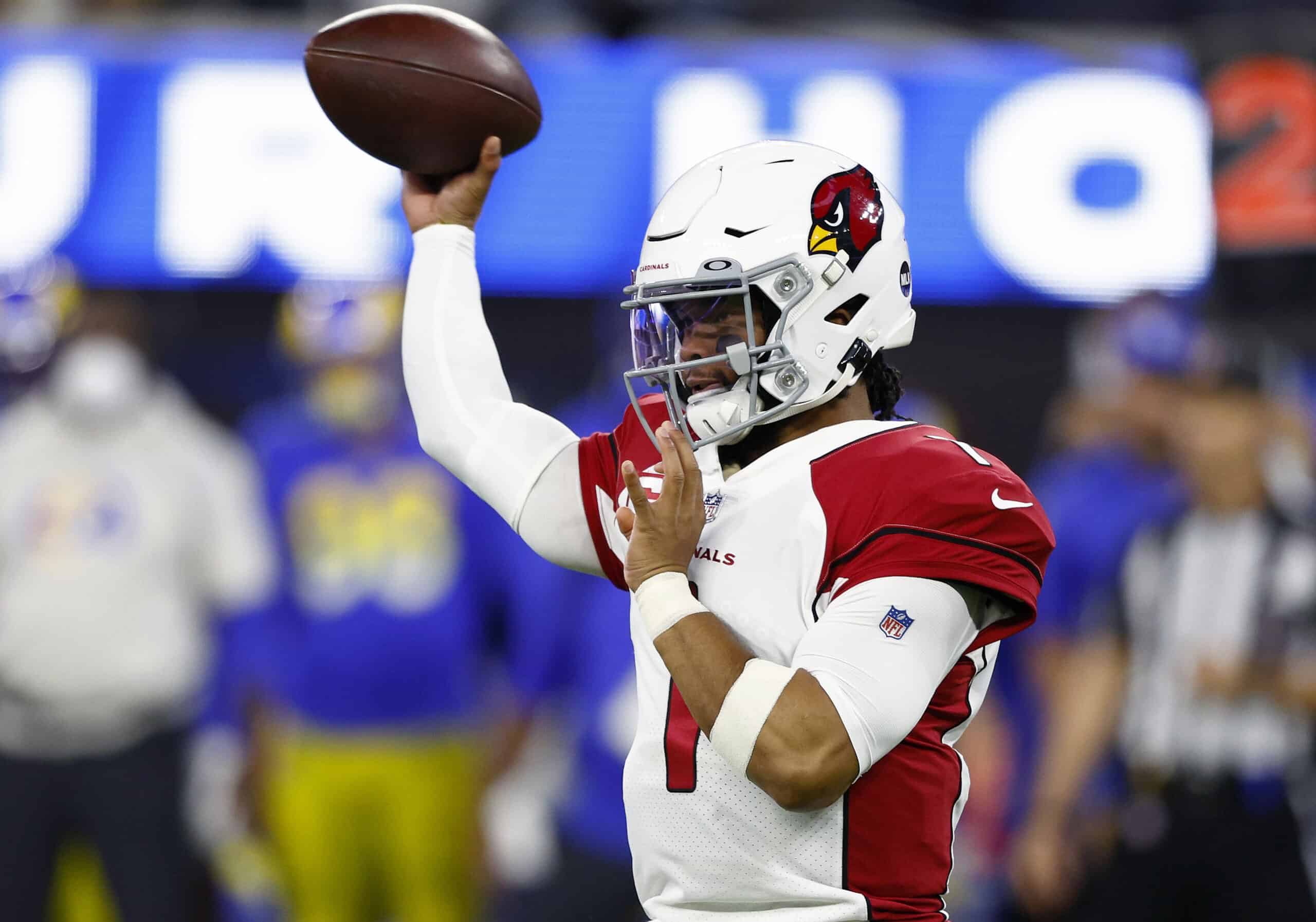 Kyler Murray #1 of the Arizona Cardinals throws the ball in the first quarter of the game against the Los Angeles Rams in the NFC Wild Card Playoff game at SoFi Stadium on January 17, 2022 in Inglewood, California. 