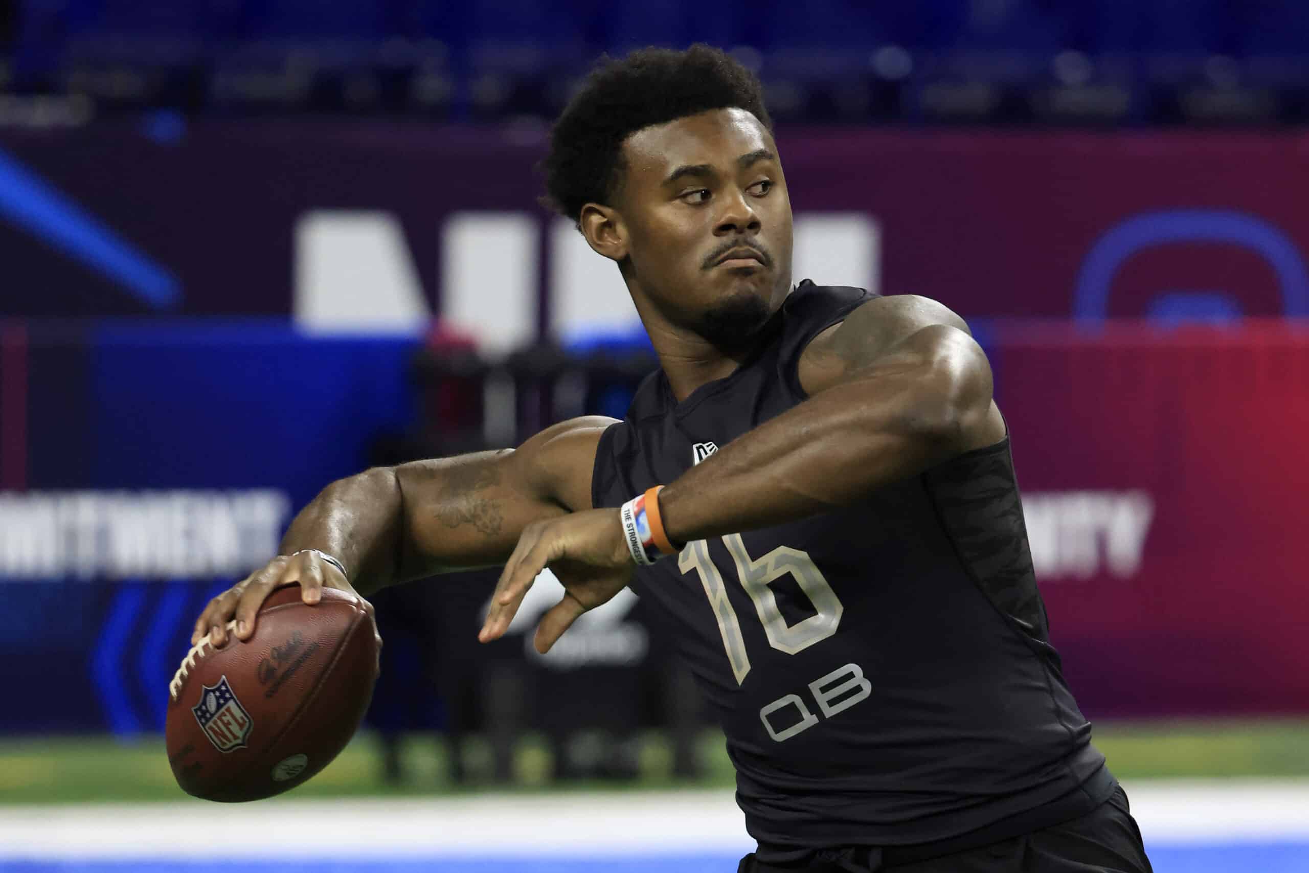 Malik Willis #QB16 of Liberty throws during the NFL Combine at Lucas Oil Stadium on March 03, 2022 in Indianapolis, Indiana.