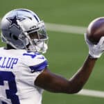 Wide receiver Michael Gallup #13 of the Dallas Cowboys celebrates a touchdown against the San Francisco 49ers during the first quarter at AT&T Stadium on December 20, 2020 in Arlington, Texas.
