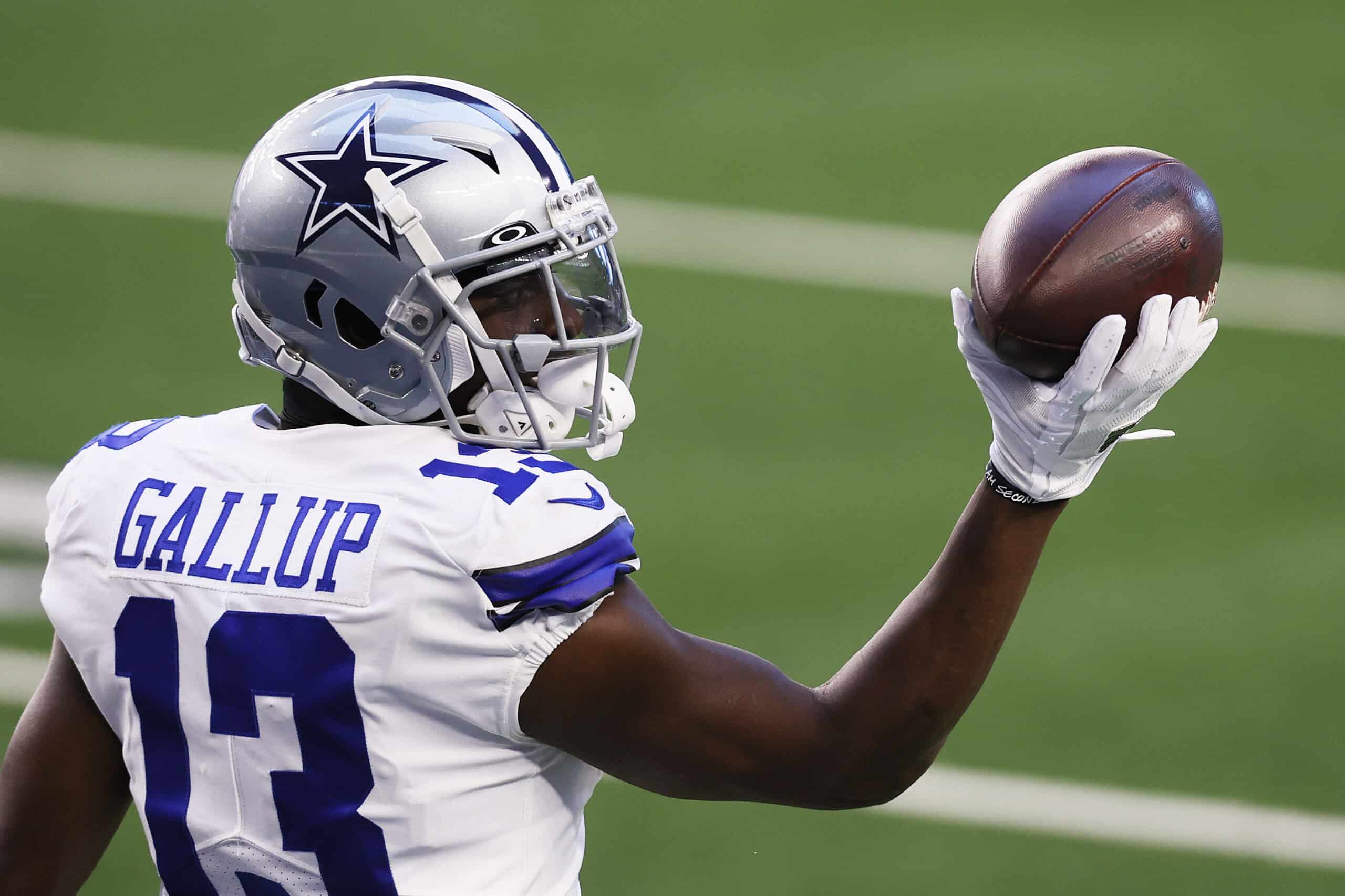 Wide receiver Michael Gallup #13 of the Dallas Cowboys celebrates a touchdown against the San Francisco 49ers during the first quarter at AT&T Stadium on December 20, 2020 in Arlington, Texas. 