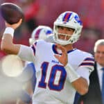 Mitchell Trubisky #10 of the Buffalo Bills warms up prior to the game against the Tampa Bay Buccaneers at Raymond James Stadium on December 12, 2021 in Tampa, Florida.