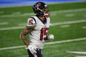 Will Fuller #15 of the Houston Texans takes the field for warmups prior to a game against the Detroit Lions at Ford Field on November 26, 2020 in Detroit, Michigan.