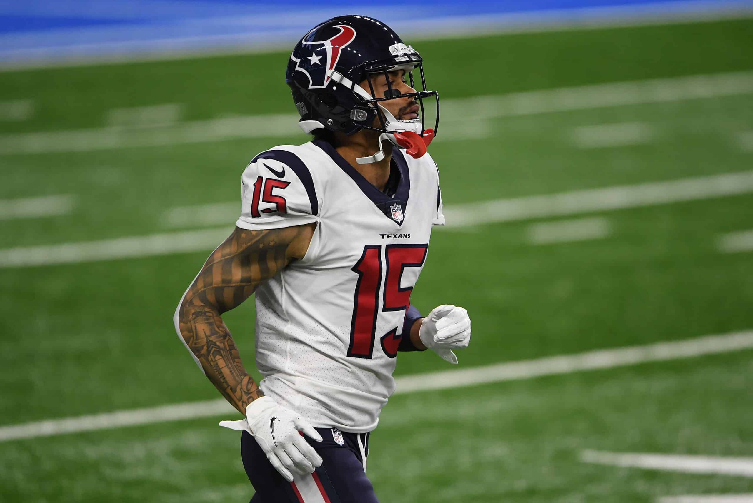 Will Fuller #15 of the Houston Texans takes the field for warmups prior to a game against the Detroit Lions at Ford Field on November 26, 2020 in Detroit, Michigan. 