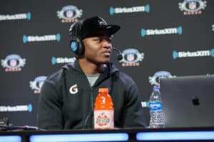 Amari Cooper attends SiriusXM at Super Bowl LIII Radio Row on January 31, 2019 in Atlanta, Georgia.