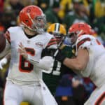 Baker Mayfield #6 of the Cleveland Browns looks to pass during a game against the Green Bay Packers at Lambeau Field on December 25, 2021 in Green Bay, Wisconsin. The Packers defeated the Browns 24-22.