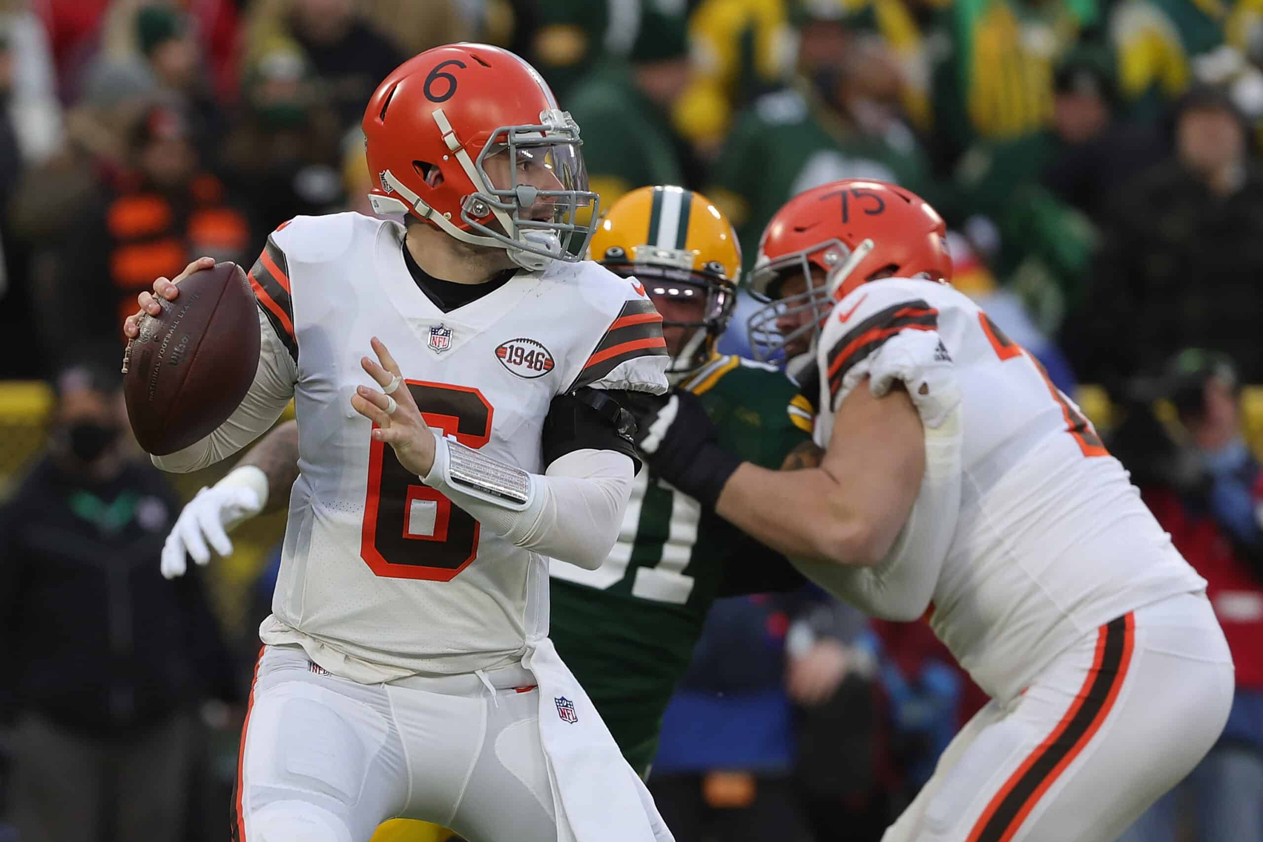 Baker Mayfield #6 of the Cleveland Browns looks to pass during a game against the Green Bay Packers at Lambeau Field on December 25, 2021 in Green Bay, Wisconsin. The Packers defeated the Browns 24-22.