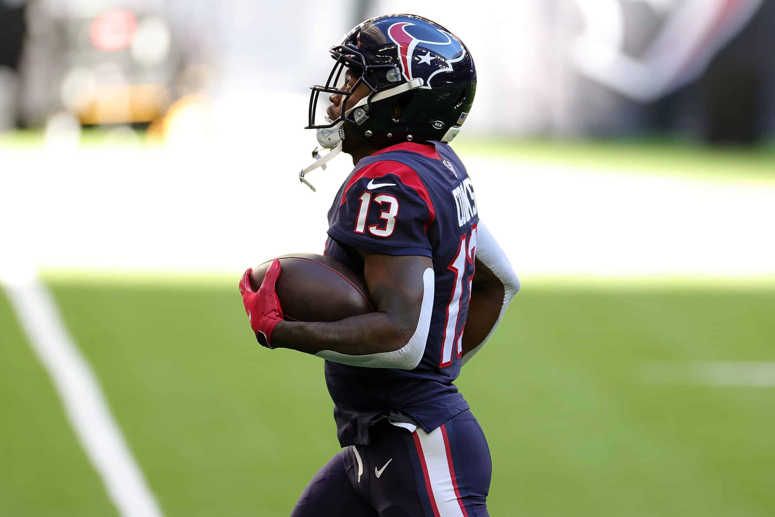 Brandin Cooks #13 of the Houston Texans participates in warmups prior to a game against the Tennessee Titans at NRG Stadium on January 03, 2021 in Houston, Texas.