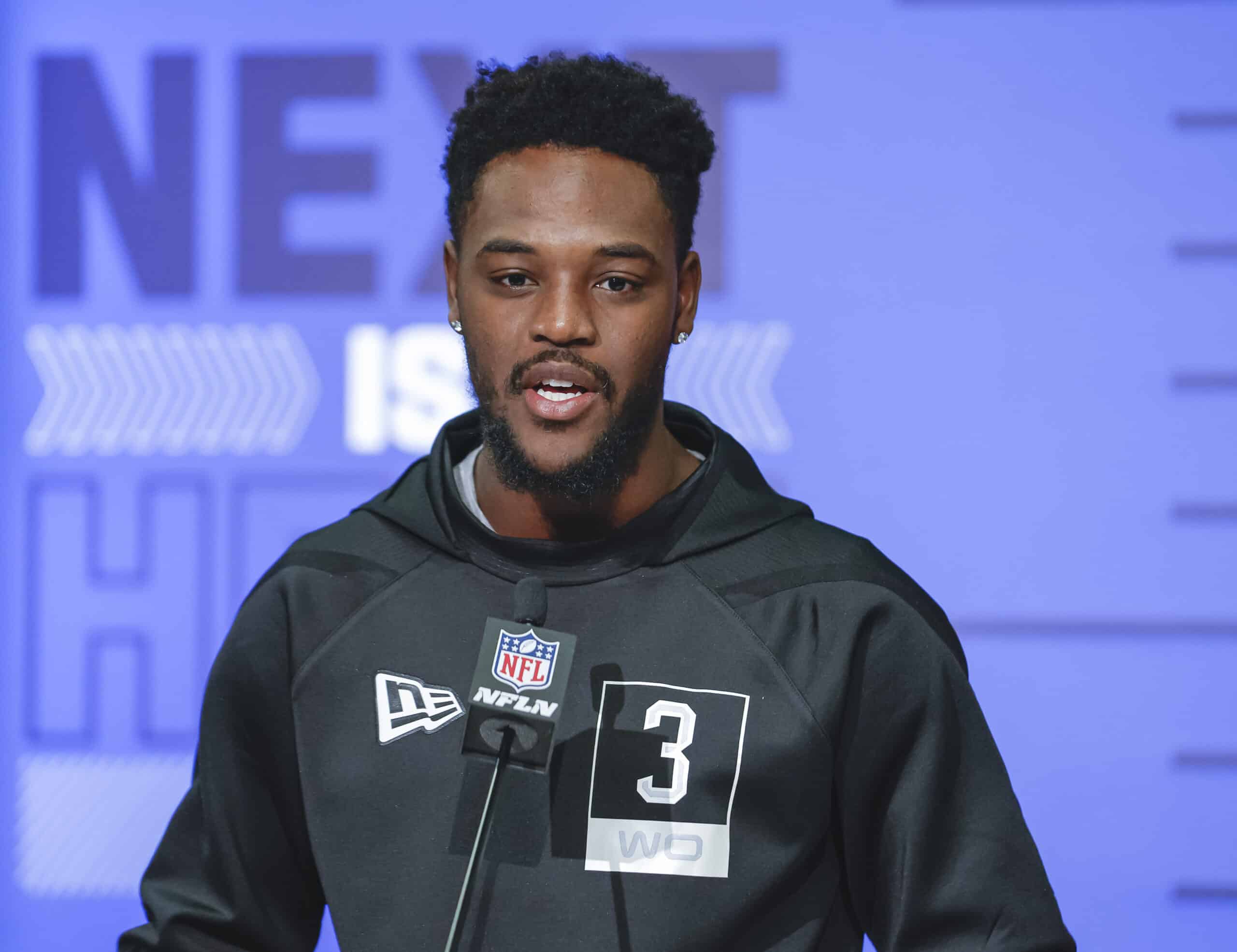 David Bell #WO03 of the Purdue Boilermakers speaks to reporters during the NFL Draft Combine at the Indiana Convention Center on March 2, 2022 in Indianapolis, Indiana.