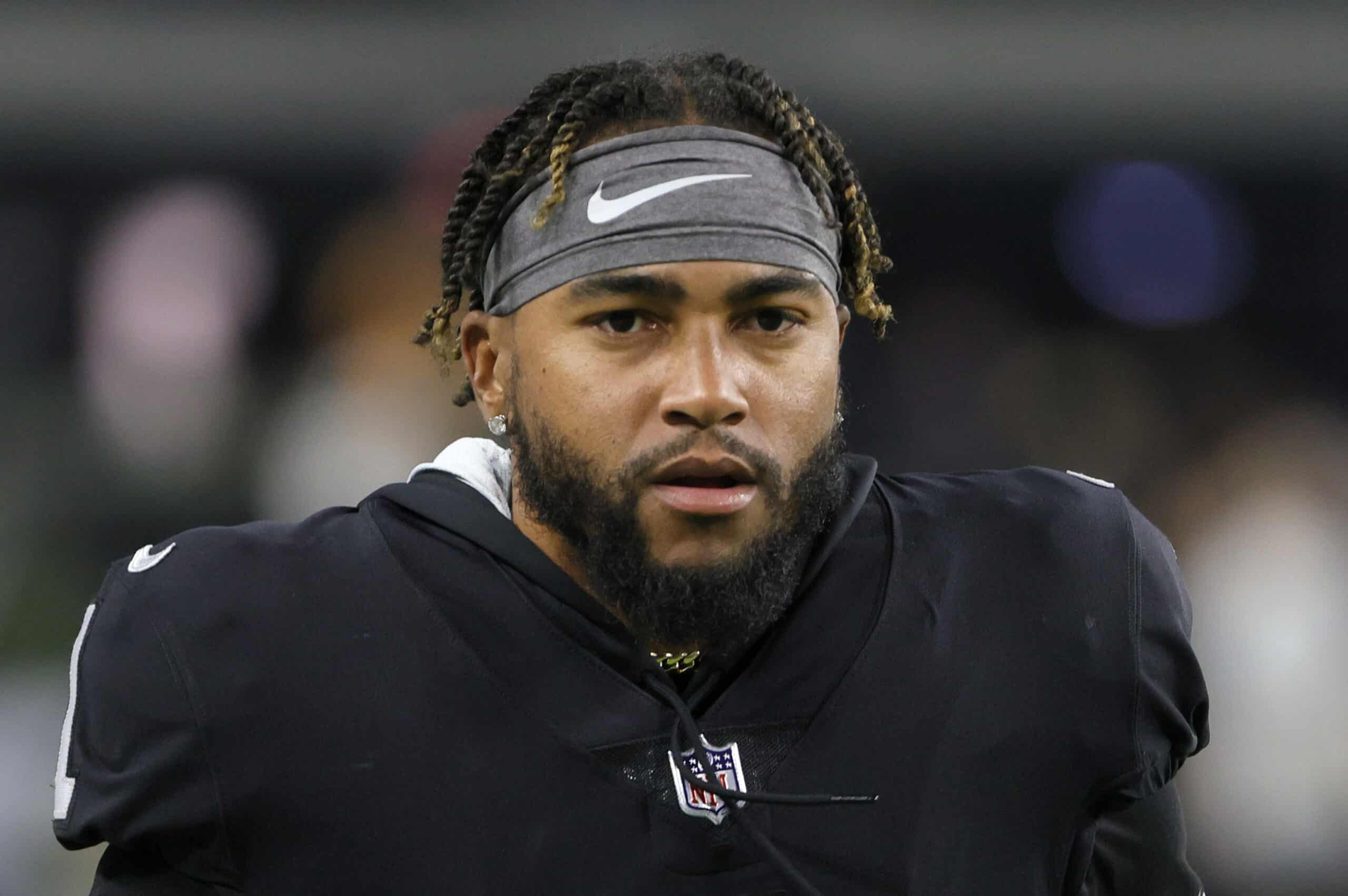 Wide receiver DeSean Jackson #1 of the Las Vegas Raiders warms up before a game against the Kansas City Chiefs at Allegiant Stadium on November 14, 2021 in Las Vegas, Nevada. The Chiefs defeated the Raiders 41-14. 