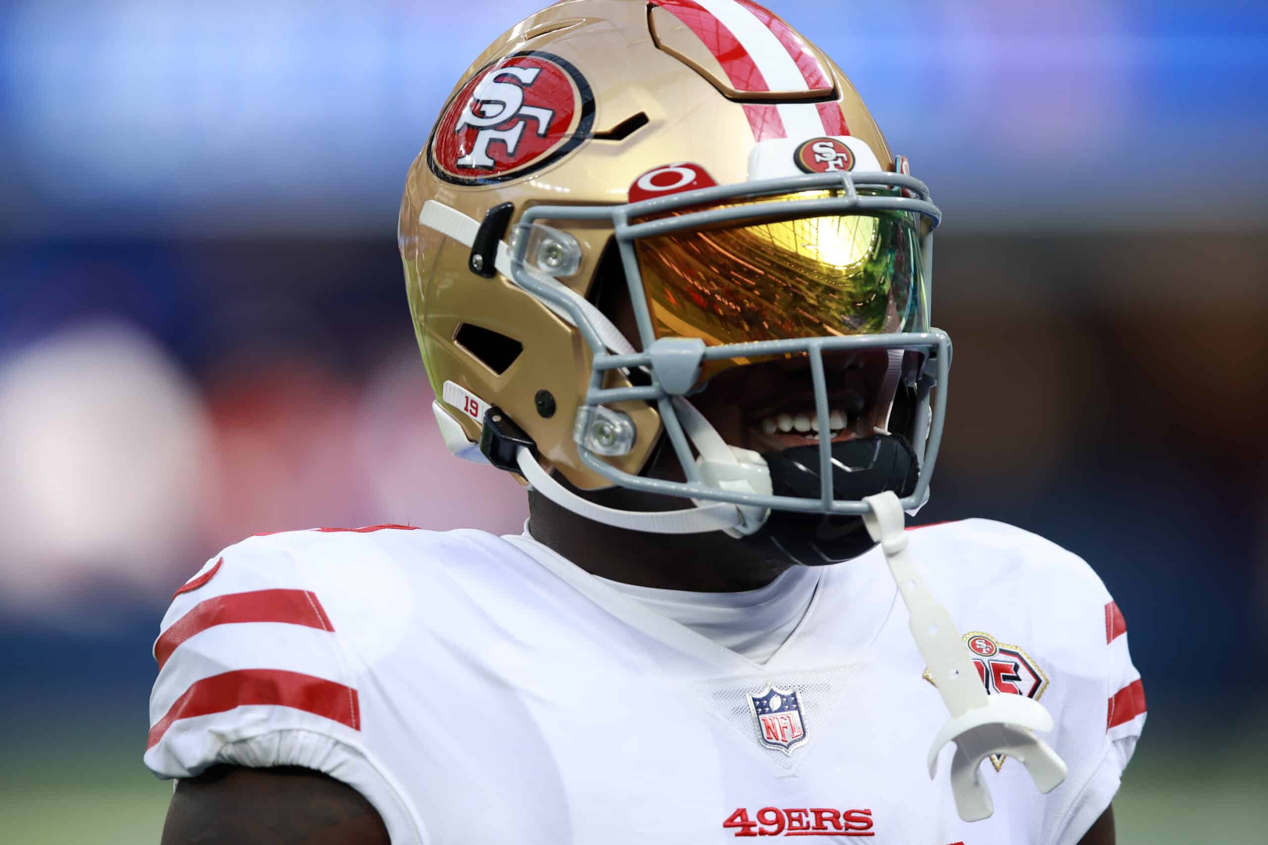 Deebo Samuel #19 of the San Francisco 49ers warms up before the game against the Los Angeles Rams at SoFi Stadium on January 09, 2022 in Inglewood, California. 