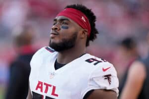 Grady Jarrett #97 of the Atlanta Falcons looks on during the game against the San Francisco 49ers at Levi's Stadium on December 19, 2021 in Santa Clara, California.