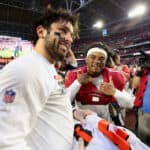Quarterbacks Baker Mayfield #6 of the Cleveland Browns and Kyler Murray #1 of the Arizona Cardinals exchange jerseys following the NFL game at State Farm Stadium on December 15, 2019 in Glendale, Arizona. The Cardinals defeated the Browns 38-24.