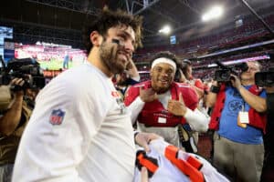 Quarterbacks Baker Mayfield #6 of the Cleveland Browns and Kyler Murray #1 of the Arizona Cardinals exchange jerseys following the NFL game at State Farm Stadium on December 15, 2019 in Glendale, Arizona. The Cardinals defeated the Browns 38-24.