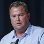 General manager, Scott Fitterer of the Carolina Panthers speaks to reporters during the NFL Draft Combine at the Indiana Convention Center on March 2, 2022 in Indianapolis, Indiana.