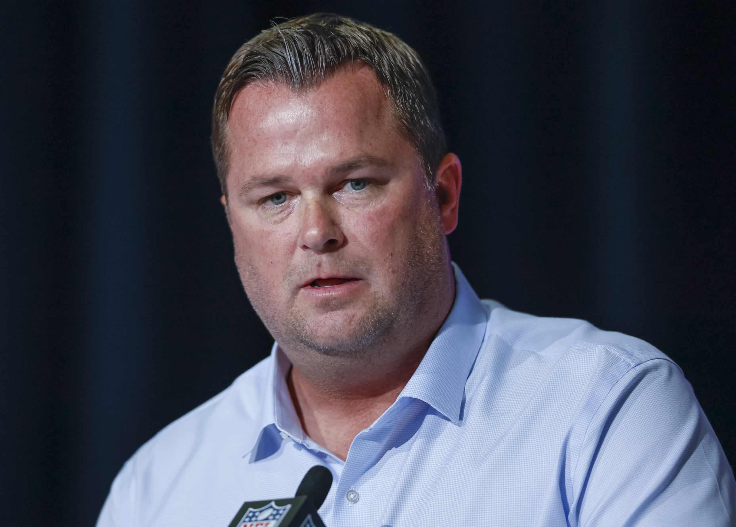 General manager, Scott Fitterer of the Carolina Panthers speaks to reporters during the NFL Draft Combine at the Indiana Convention Center on March 2, 2022 in Indianapolis, Indiana. 