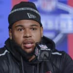 Travis Jones #DL14 of the Connecticut Huskies speaks to reporters during the NFL Draft Combine at the Indiana Convention Center on March 4, 2022 in Indianapolis, Indiana.