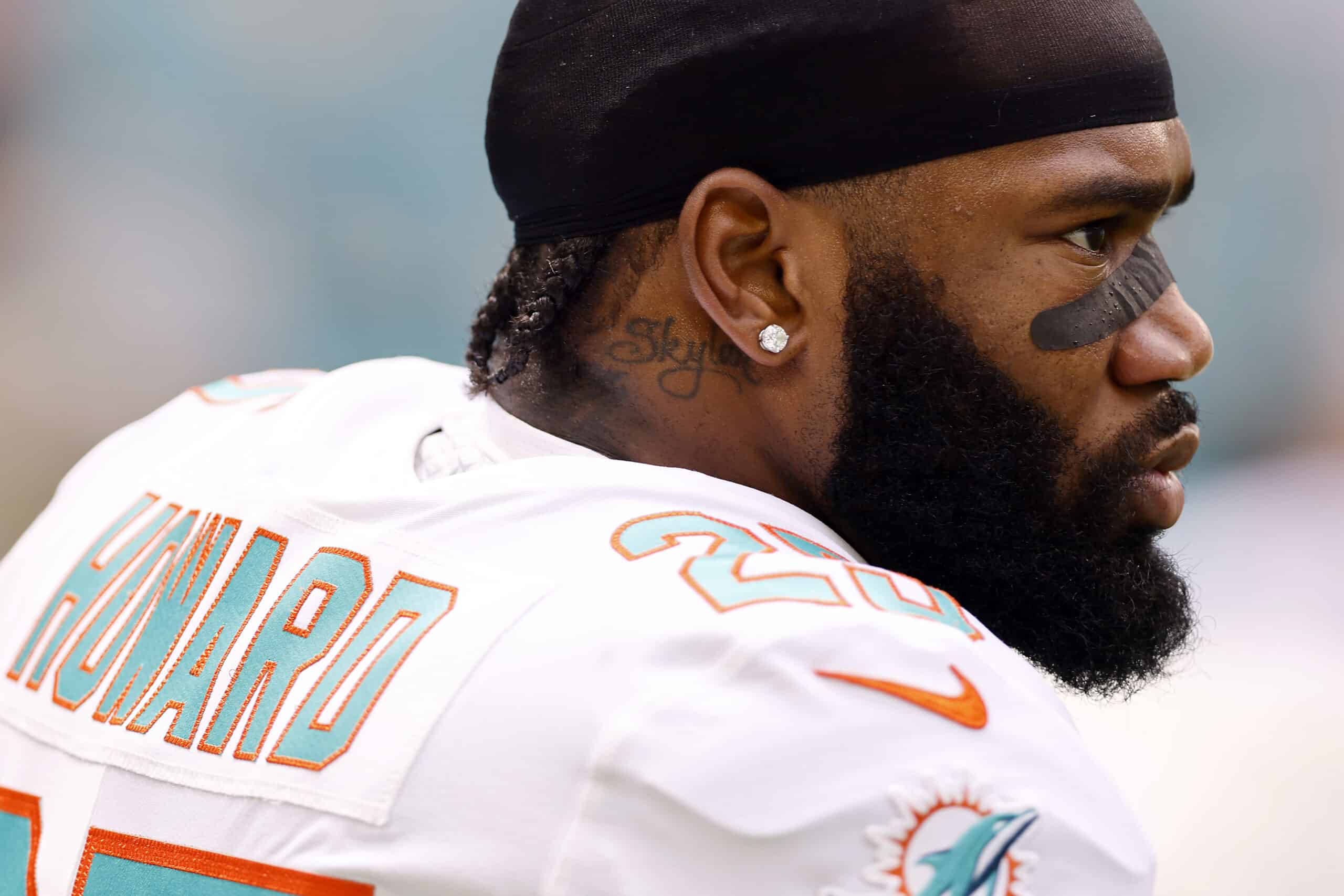 Cornerback Xavien Howard #25 of the Miami Dolphins looks on before the game agains the Buffalo Bills in the game at Hard Rock Stadium on September 19, 2021 in Miami Gardens, Florida. 