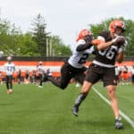 Miller Forristall #86 of the Cleveland Browns catches a pass against Herb Miller #29 during the Cleveland Browns OTAs at CrossCountry Mortgage Campus on May 25, 2022 in Berea, Ohio.