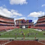 The Cleveland Browns work out without fans during training camp at FirstEnergy Stadium on August 30, 2020 in Cleveland, Ohio.