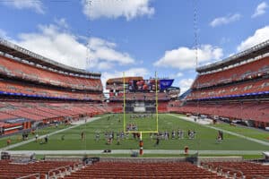 The Cleveland Browns work out without fans during training camp at FirstEnergy Stadium on August 30, 2020 in Cleveland, Ohio.