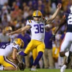 Cade York #36 of the LSU Tigers kick a field goal during the first half against the Auburn Tigers at Tiger Stadium on October 02, 2021 in Baton Rouge, Louisiana.