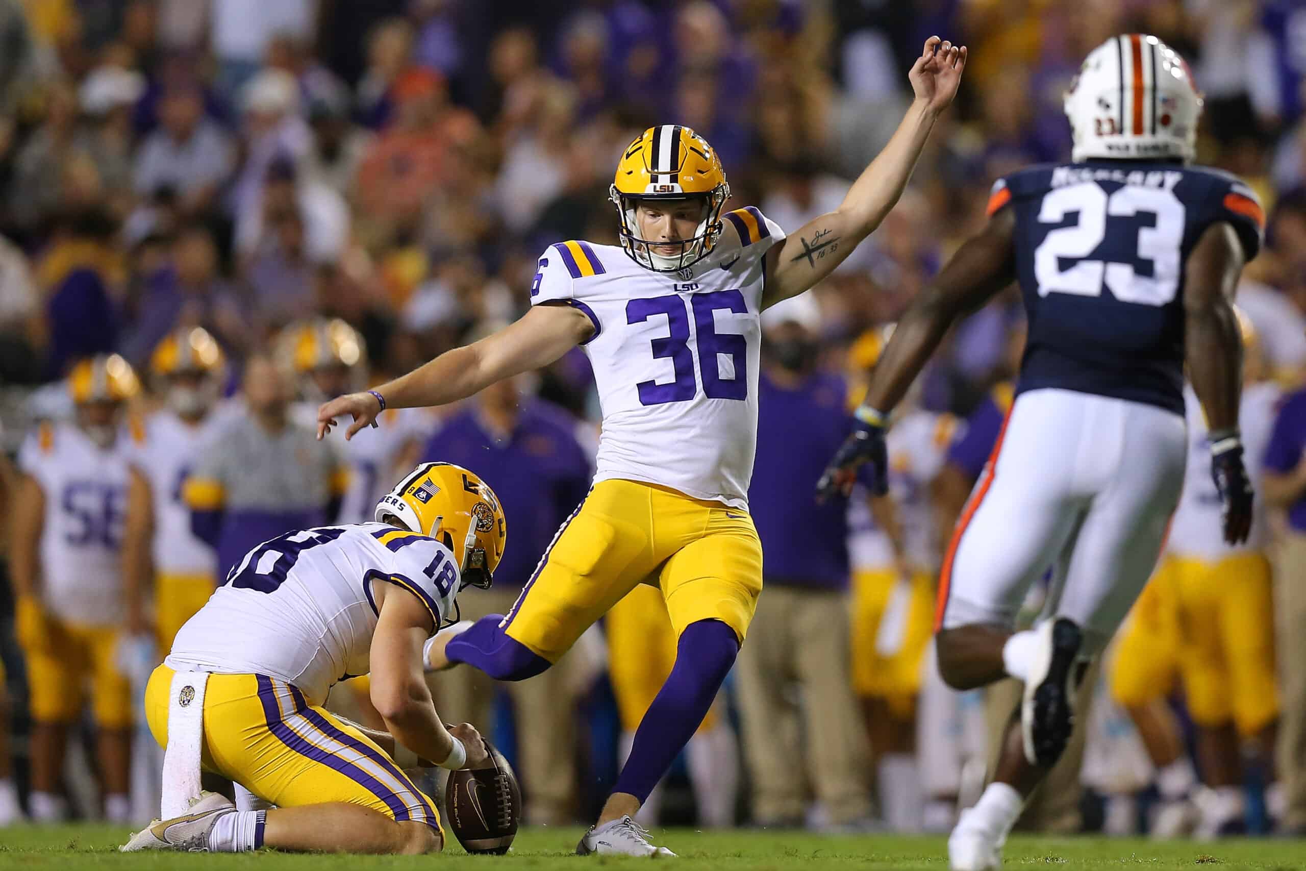 Cade York #36 of the LSU Tigers kick a field goal during the first half against the Auburn Tigers at Tiger Stadium on October 02, 2021 in Baton Rouge, Louisiana.