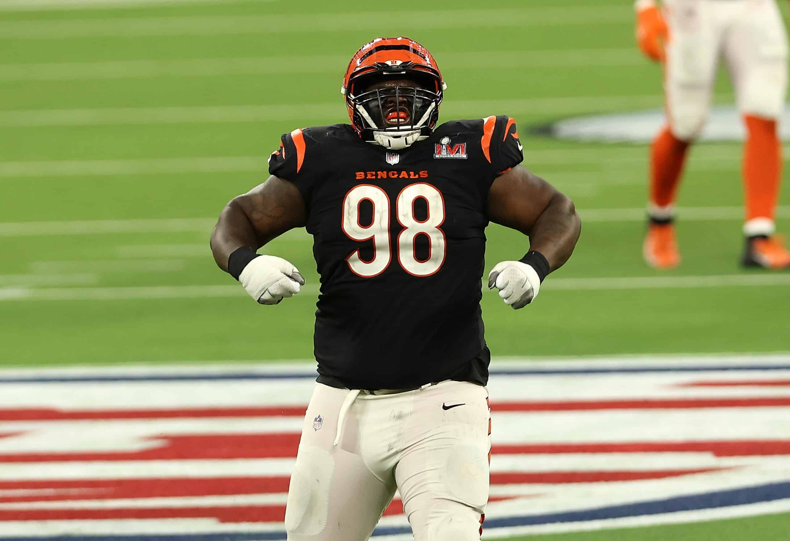 D.J. Reader #98 of the Cincinnati Bengals reacts after a sack on Matthew Stafford #9 of the Los Angeles Rams in the third quarter during Super Bowl LVI at SoFi Stadium on February 13, 2022 in Inglewood, California.