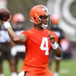 Deshaun Watson #4 of the Cleveland Browns throws a pass during the Cleveland Browns OTAs at CrossCountry Mortgage Campus on May 25, 2022 in Berea, Ohio.