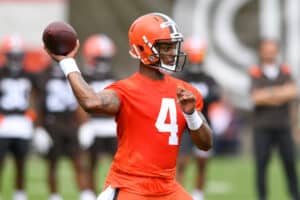 Deshaun Watson #4 of the Cleveland Browns throws a pass during the Cleveland Browns OTAs at CrossCountry Mortgage Campus on May 25, 2022 in Berea, Ohio.