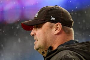 Head coach Freddie Kitchens of the Cleveland Browns looks on as they warm up prior to their game against the New England Patriots at Gillette Stadium on October 27, 2019 in Foxborough, Massachusetts.