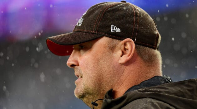 Head coach Freddie Kitchens of the Cleveland Browns looks on as they warm up prior to their game against the New England Patriots at Gillette Stadium on October 27, 2019 in Foxborough, Massachusetts.